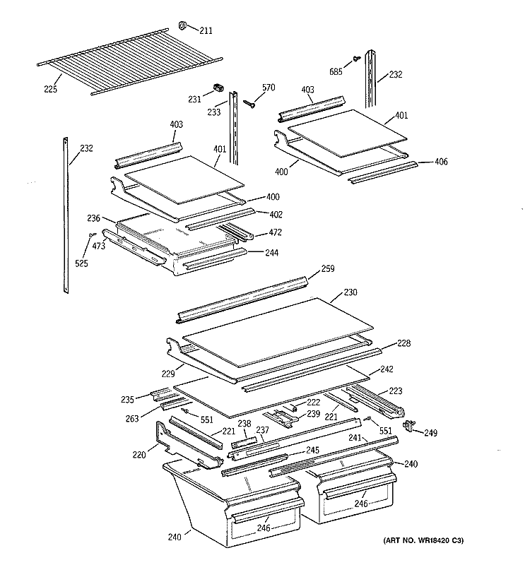 SHELF PARTS Diagram and Parts List for TBX21NIXPRAA  General Electric Refrigerator