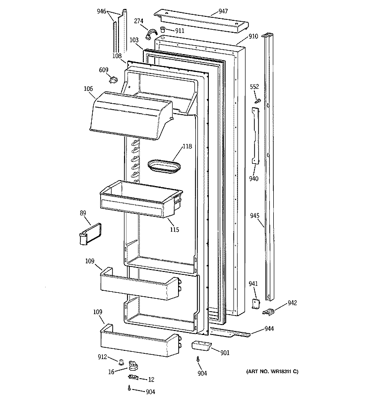 FRESH FOOD DOOR Diagram and Parts List for TPJ24BIZAWW  General Electric Refrigerator