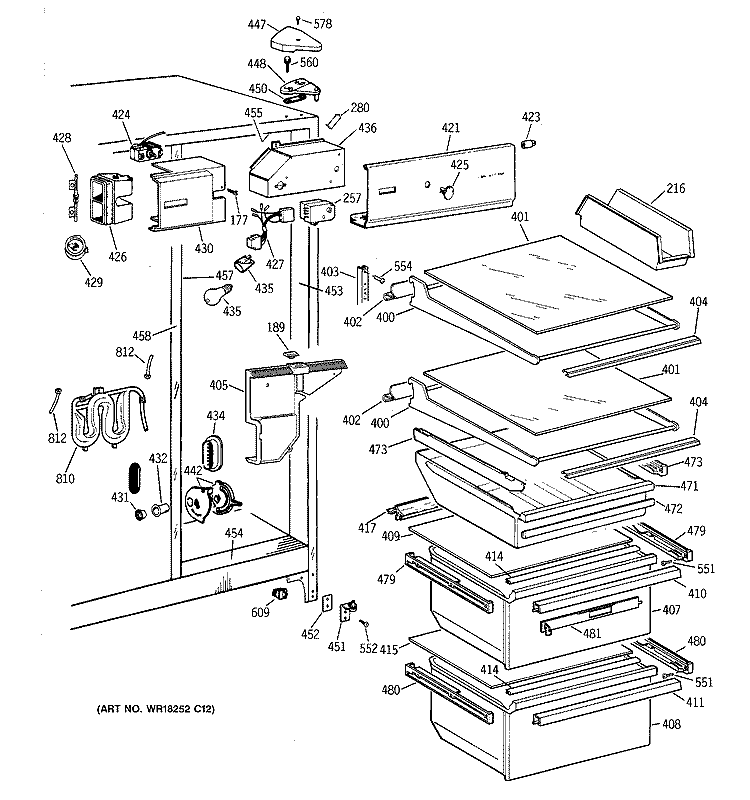 FRESH FOOD SECTION Diagram and Parts List for TFX22CRXFAA  General Electric Refrigerator