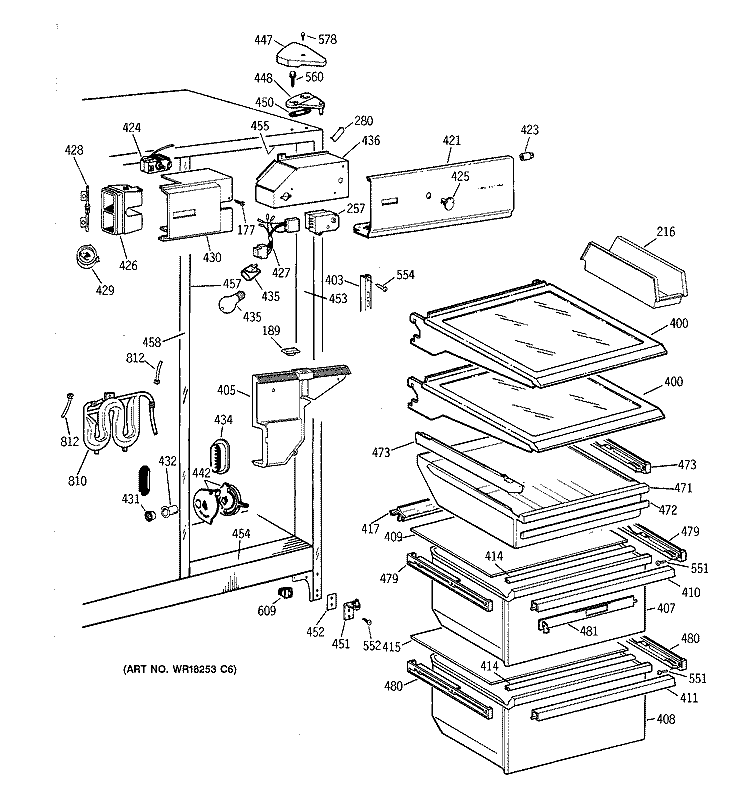 FRESH FOOD SECTION Diagram and Parts List for TFX22ZRXFAA  General Electric Refrigerator