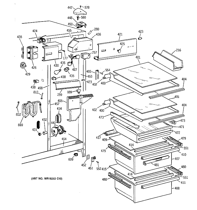 FRESH FOOD SECTION Diagram and Parts List for TFX25CRYFBB  General Electric Refrigerator