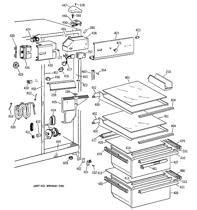 FRESH FOOD SECTION Diagram and Parts List for TFX25JWYFWW  General Electric Refrigerator