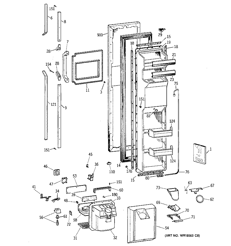 FREEZER DOOR Diagram and Parts List for TFX27PRXFBB  General Electric Refrigerator