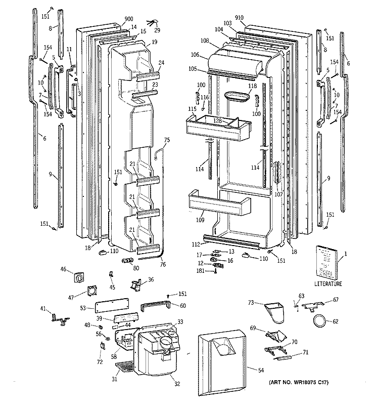 DOORS Diagram and Parts List for TFX22NWZAWH  General Electric Refrigerator