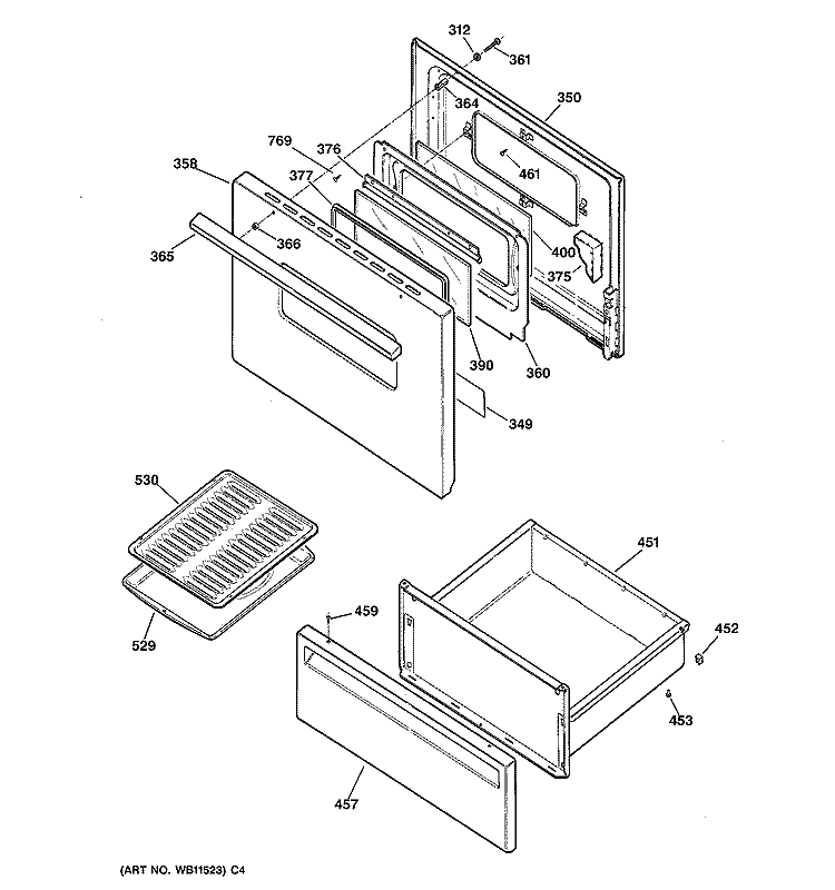 DOOR & DRAWER PARTS Diagram and Parts List for JBS07PIY1  General Electric Range