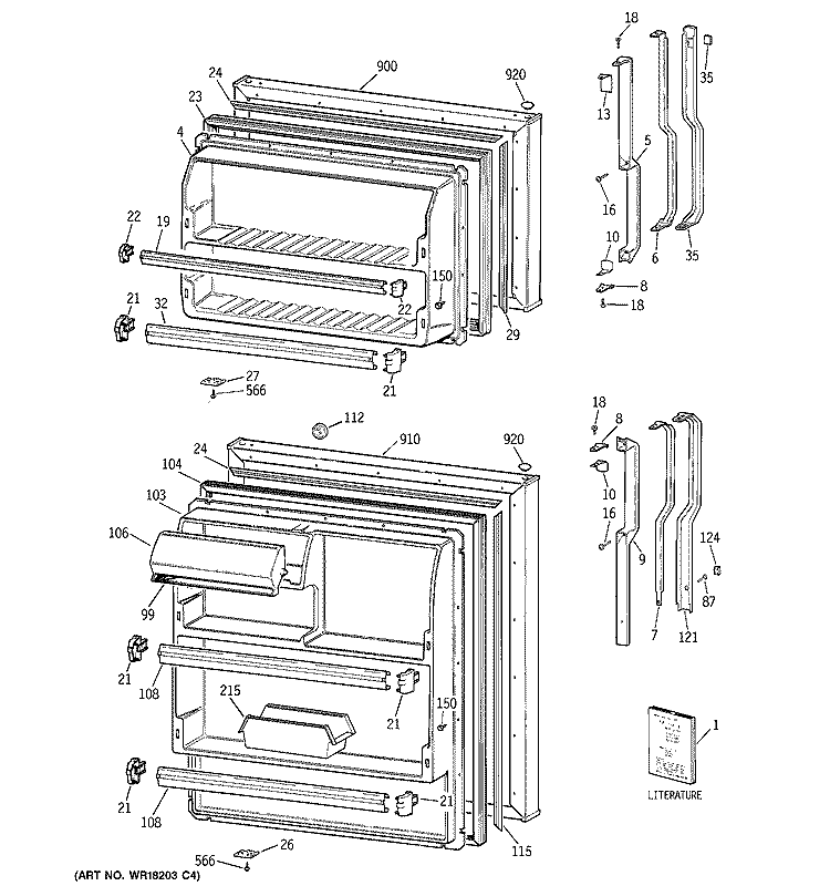 DOORS Diagram and Parts List for TBT18NIYDRAD  General Electric Refrigerator