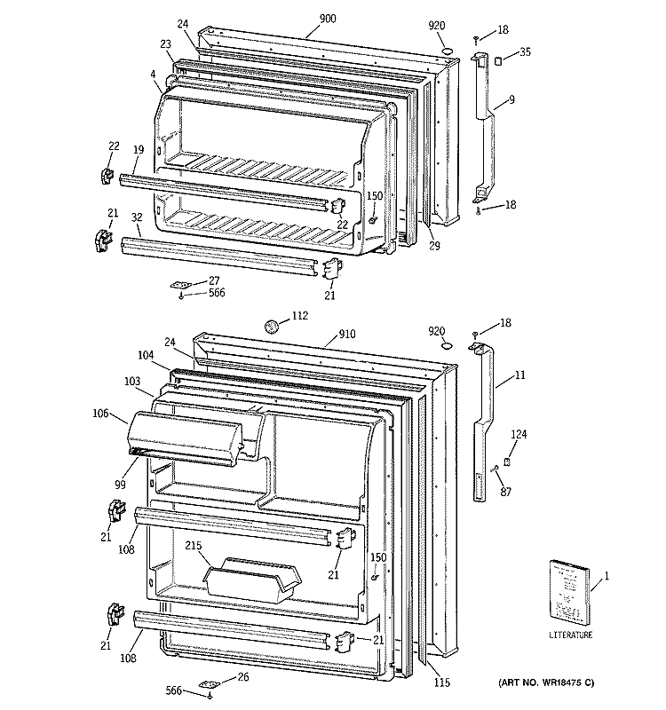 DOORS Diagram and Parts List for TBT18NIYERAD  General Electric Refrigerator