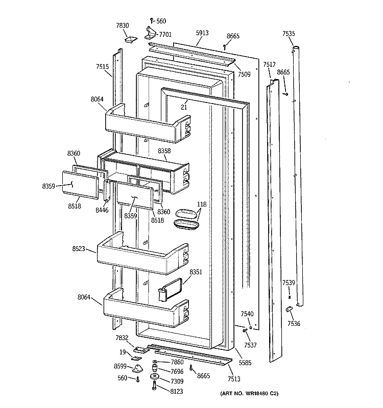 FRESH FOOD DOOR Diagram and Parts List for ZISS48DYASS  General Electric Refrigerator