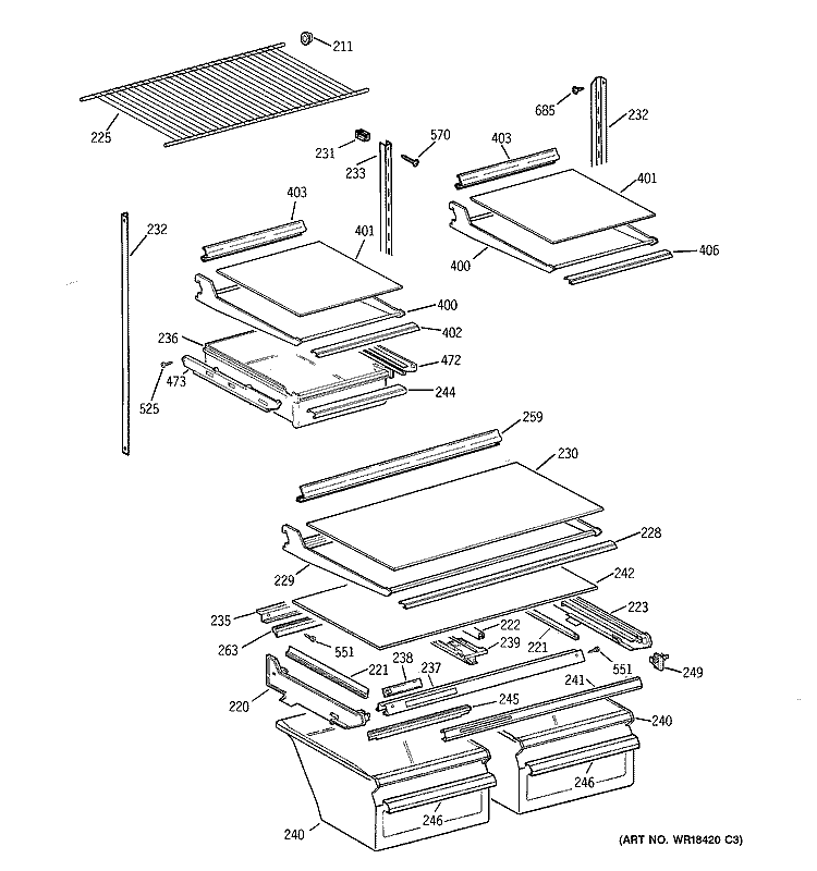 SHELF PARTS Diagram and Parts List for TBX21NIXRRWW  General Electric Refrigerator