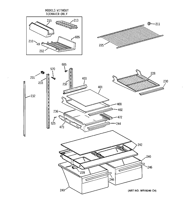 SHELF PARTS Diagram and Parts List for TBX18DAXXRAA  General Electric Refrigerator
