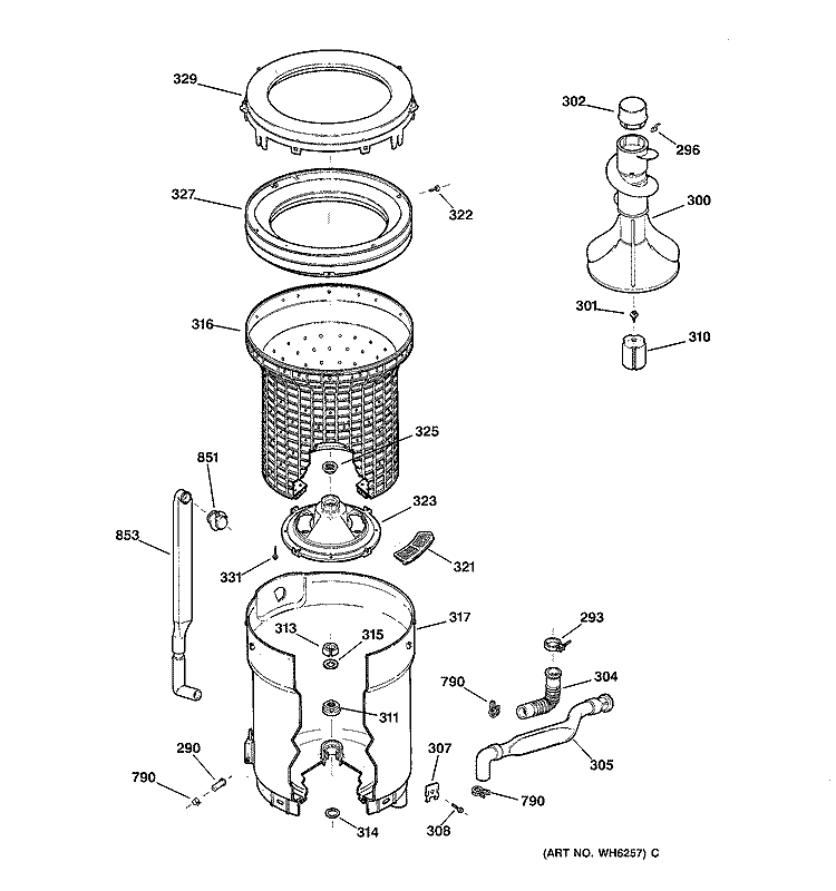 TUB, BASKET & AGITATOR Diagram and Parts List for WCCB1030V0AC  General Electric Washer