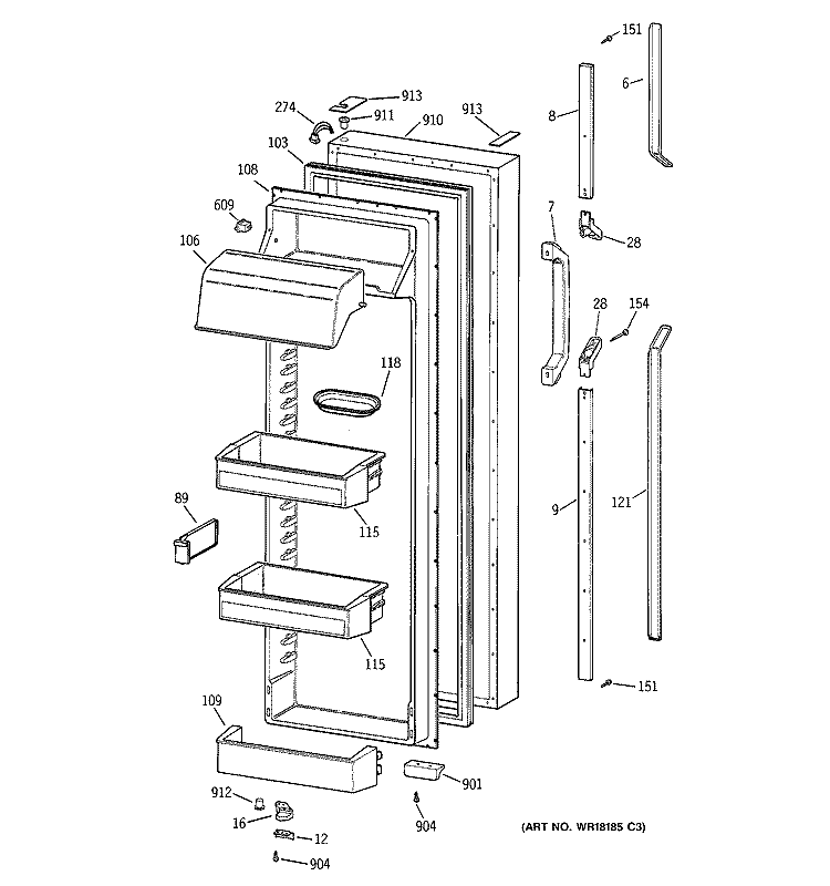 FRESH FOOD DOOR Diagram and Parts List for TFK30PRZCAA  General Electric Refrigerator