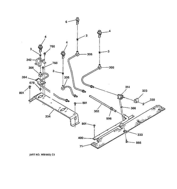 BURNER Diagram and Parts List for JGSP44AEY1AA  General Electric Range