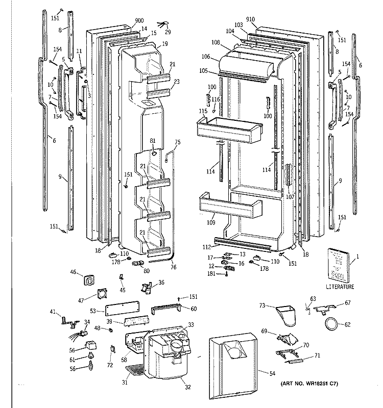 DOORS Diagram and Parts List for MST25GRYAWW  General Electric Refrigerator
