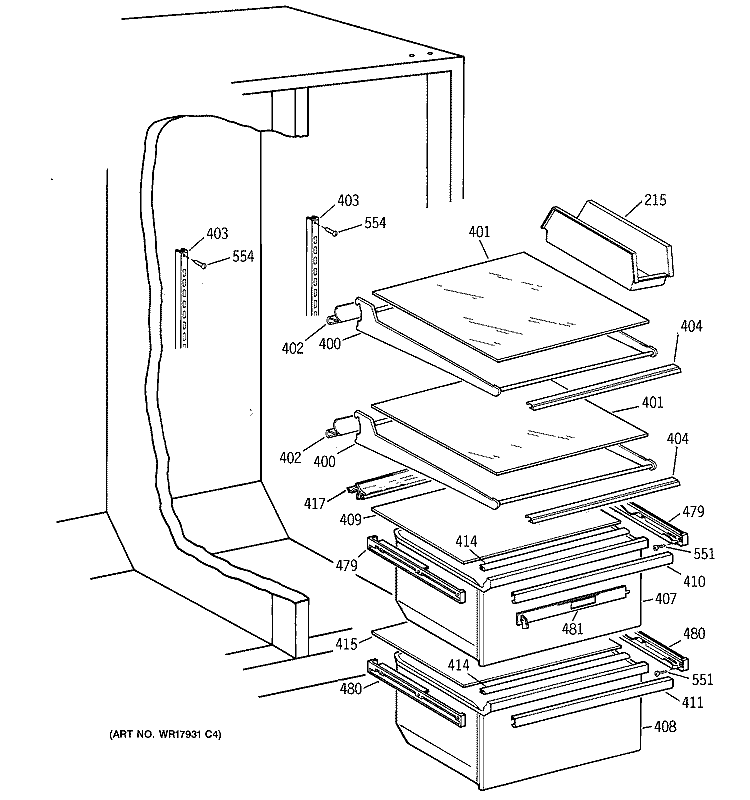 FRESH FOOD SECTION Diagram and Parts List for MST24GRXAWW  General Electric Refrigerator