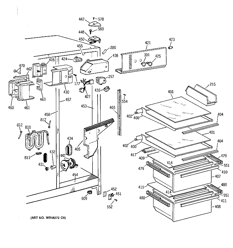 FRESH FOOD SECTION Diagram and Parts List for MSZ20GWYDWW  General Electric Refrigerator