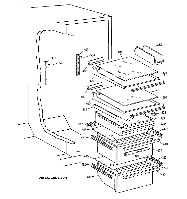 FRESH FOOD SHELVES Diagram and Parts List for MSK27DHXEWH  General Electric Refrigerator