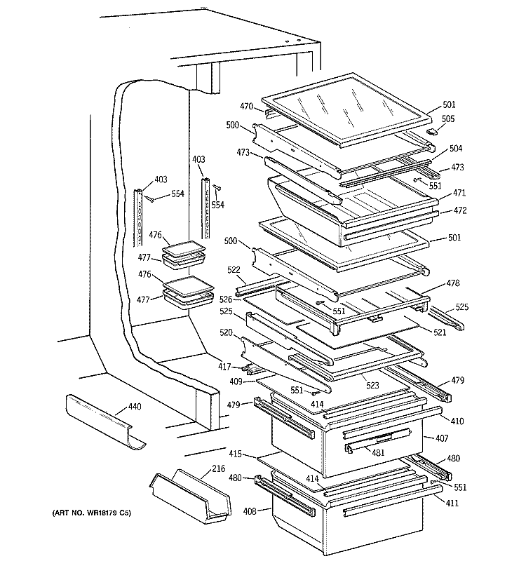 FRESH FOOD SHELVES Diagram and Parts List for MSK27PFXEAA  General Electric Refrigerator