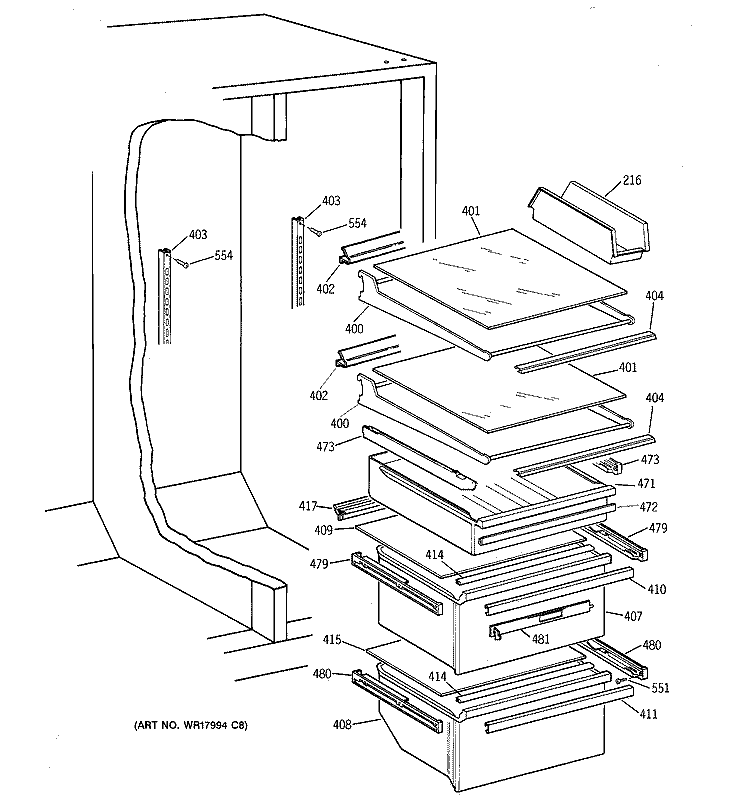 FRESH FOOD SHELVES Diagram and Parts List for MSG27DHZAWW  General Electric Refrigerator