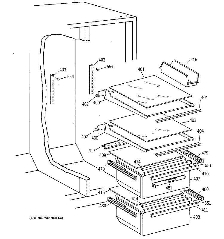 FRESH FOOD SECTION Diagram and Parts List for MST25GRZAWW  General Electric Refrigerator