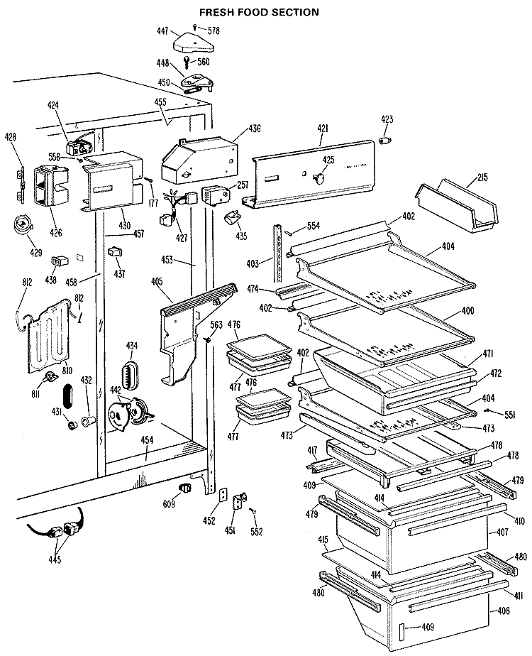FRESH FOOD SECTION Diagram and Parts List for TFX27FLB  General Electric Refrigerator