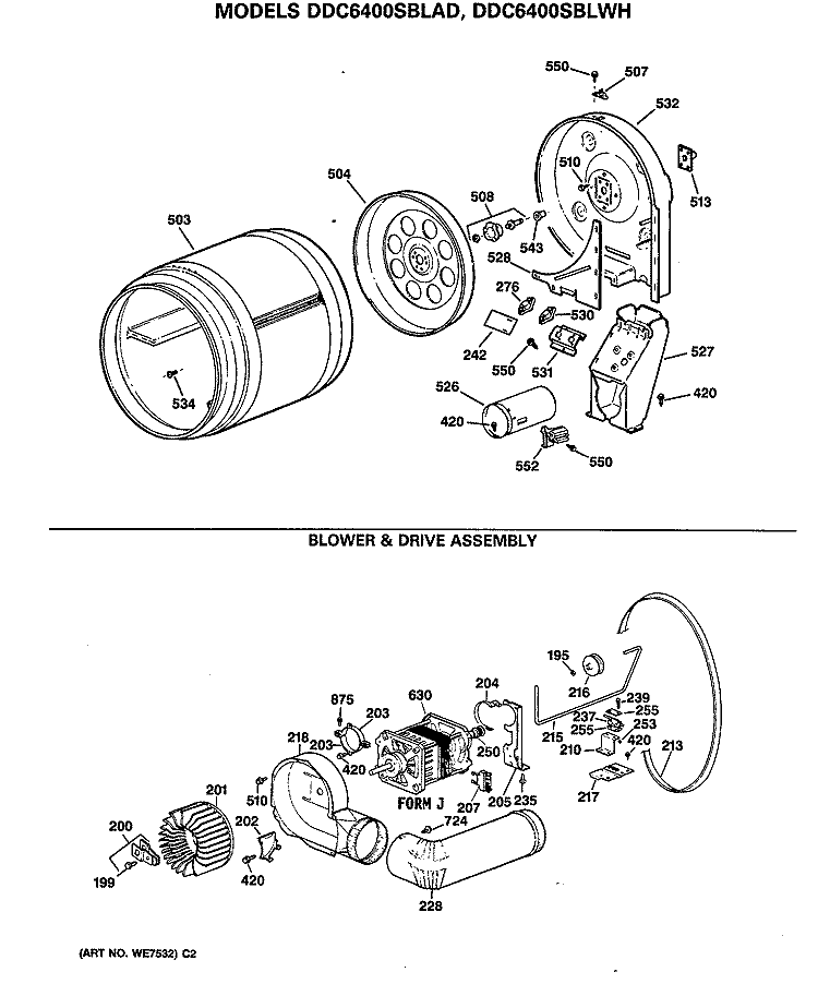 BLOWER & DRIVE ASSEMBLY Diagram and Parts List for DDC6400SBLAD  General Electric Dryer