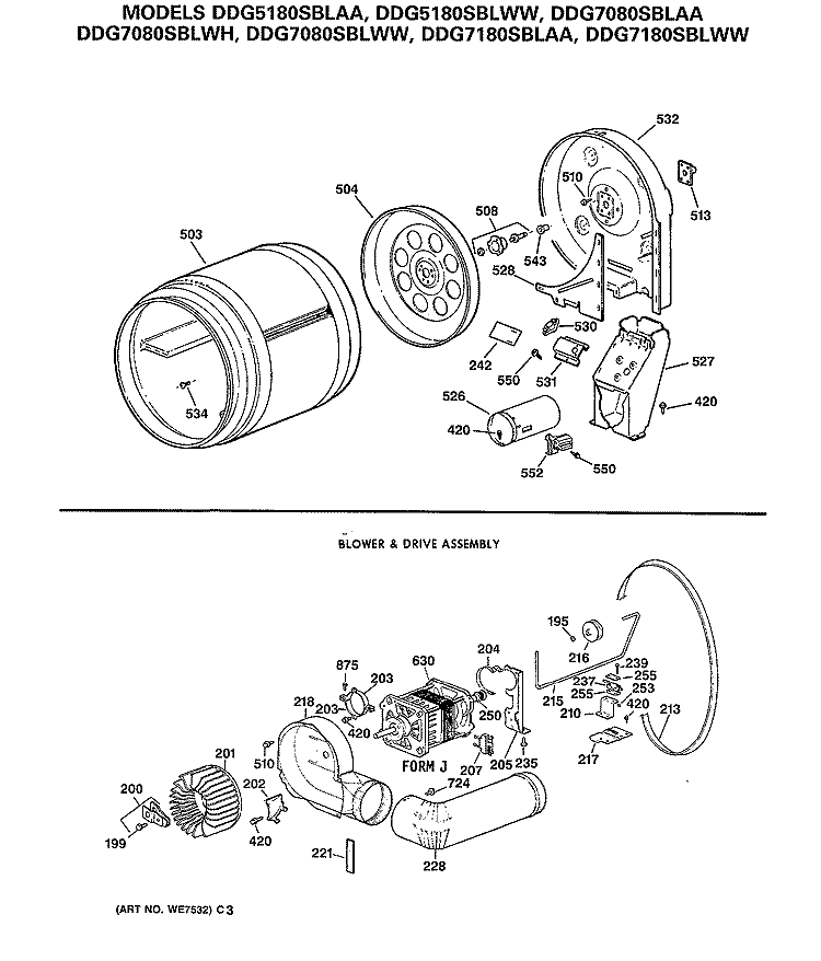 BLOWER & DRIVE ASSEMBLY Diagram and Parts List for DDG7080SBLWH  General Electric Dryer