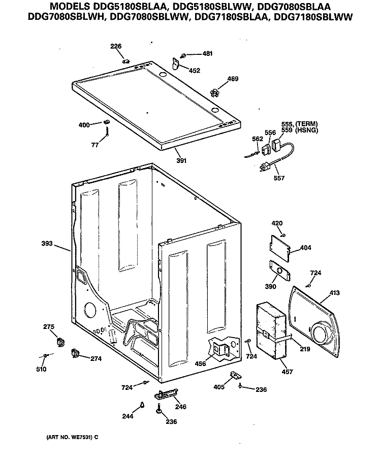 Section Diagram and Parts List for DDG7080SBLWH  General Electric Dryer