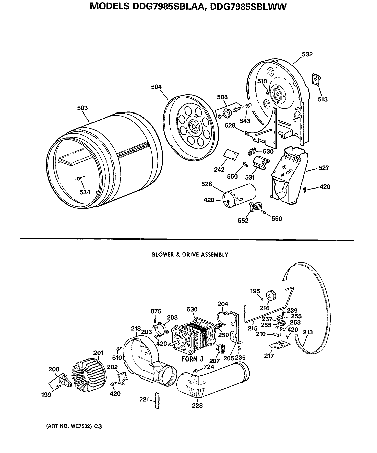 BLOWER & DRIVE ASSEMBLY Diagram and Parts List for DDG7985SBLWW  General Electric Dryer