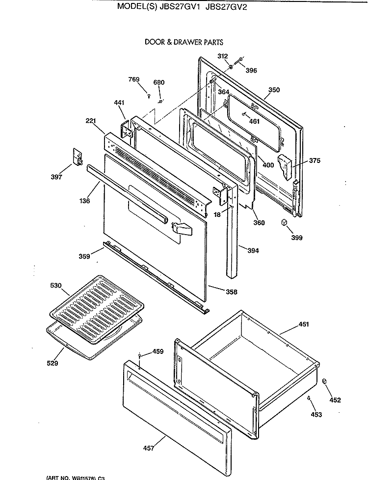 DOOR & DRAWER PARTS Diagram and Parts List for JBS27GV2  General Electric Range