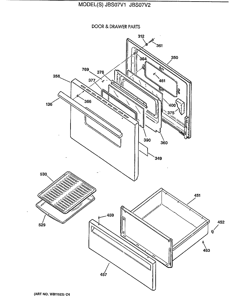 DOOR & DRAWER PARTS Diagram and Parts List for JBS07V1  General Electric Range