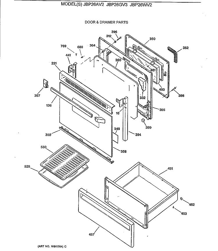 DOOR & DRAWER PARTS Diagram and Parts List for JBP26WV2  General Electric Range