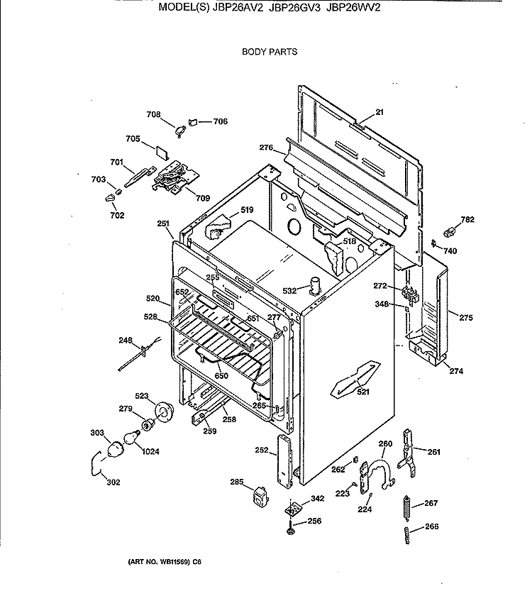 BODY PARTS Diagram and Parts List for JBP26WV2  General Electric Range