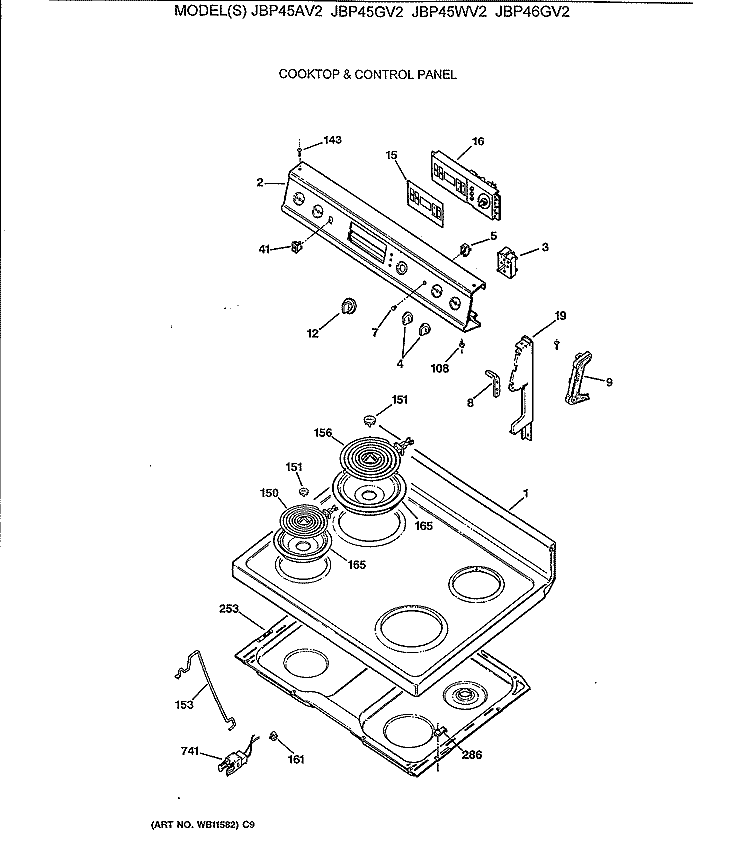 COOKTOP & CONTROL PANEL Diagram and Parts List for JBP45AV2  General Electric Range