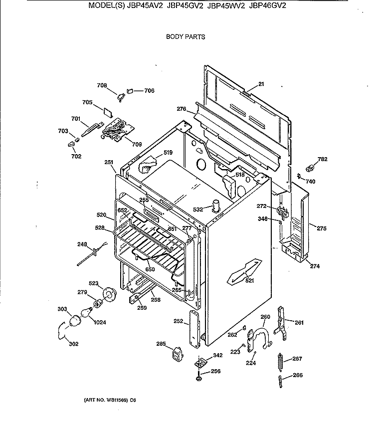 BODY PARTS Diagram and Parts List for JBP45AV2  General Electric Range