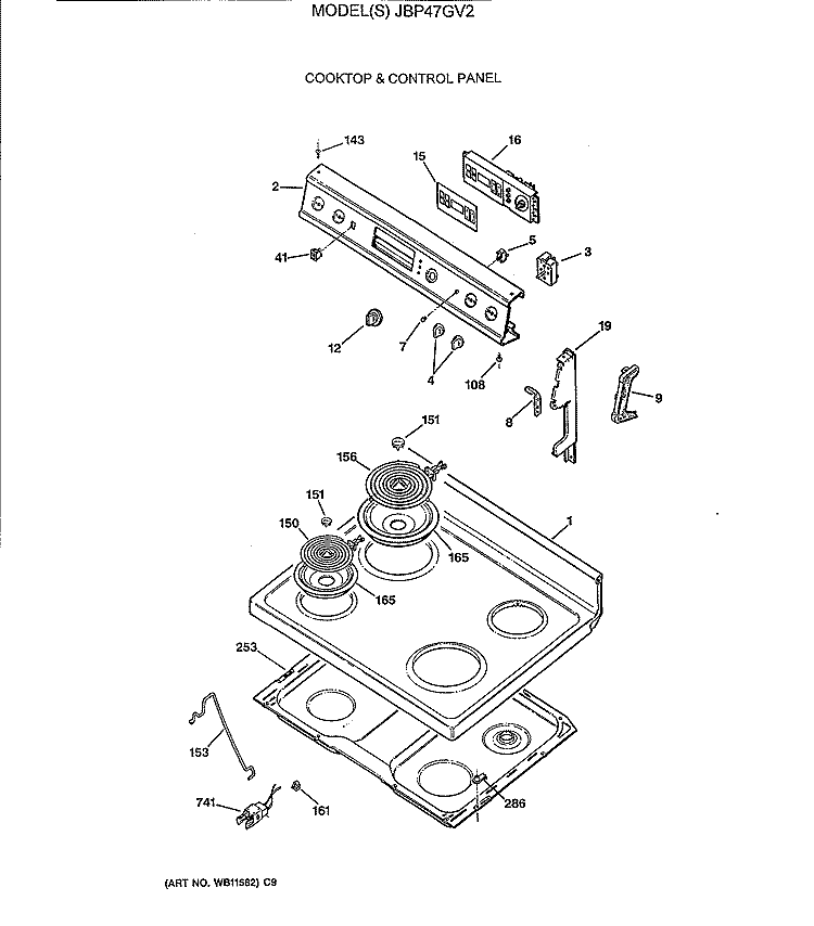 COOKTOP & CONTROL PANEL Diagram and Parts List for JBP47GV2  General Electric Range
