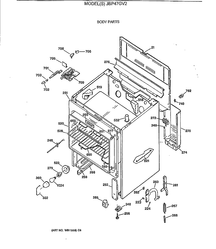 BODY PARTS Diagram and Parts List for JBP47GV2  General Electric Range