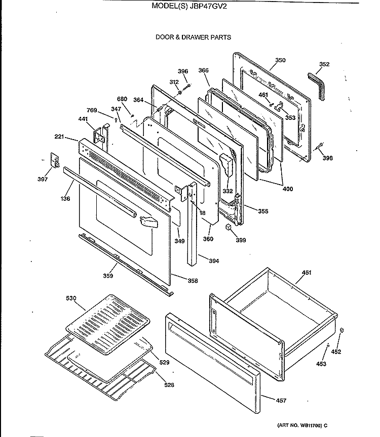 DOOR & DRAWER PARTS Diagram and Parts List for JBP47GV2  General Electric Range