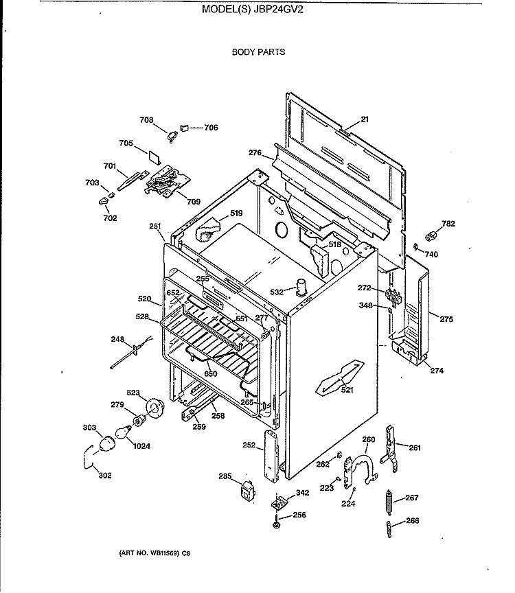 BODY PARTS Diagram and Parts List for JBP24GV2  General Electric Range