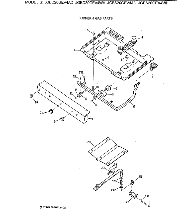 BURNER & GAS PARTS Diagram and Parts List for JGBS20GEV4WH  General Electric Range