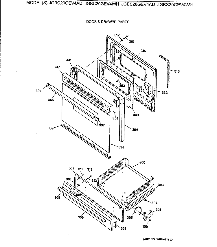 DOOR & DRAWER PARTS Diagram and Parts List for JGBS20GEV4WH  General Electric Range