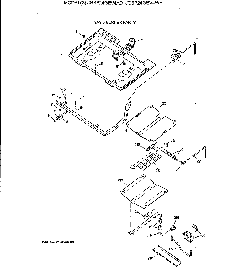 GAS & BURNER PARTS Diagram and Parts List for JGBP24GEV4AD  General Electric Range