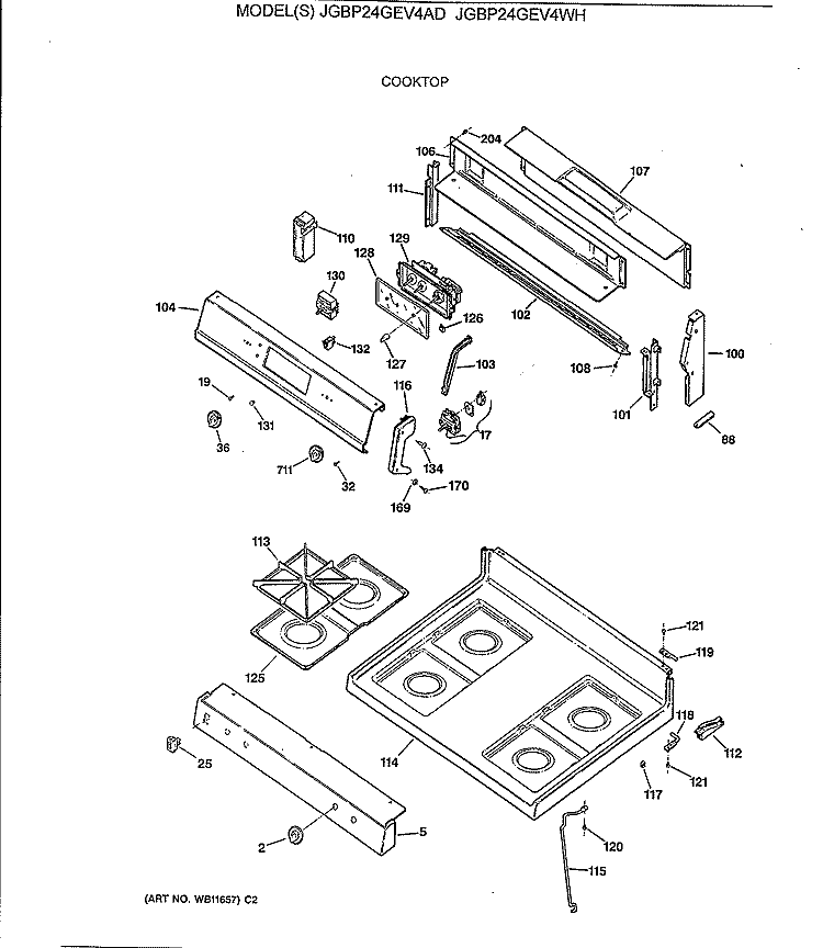 COOKTOP Diagram and Parts List for JGBP24GEV4AD  General Electric Range
