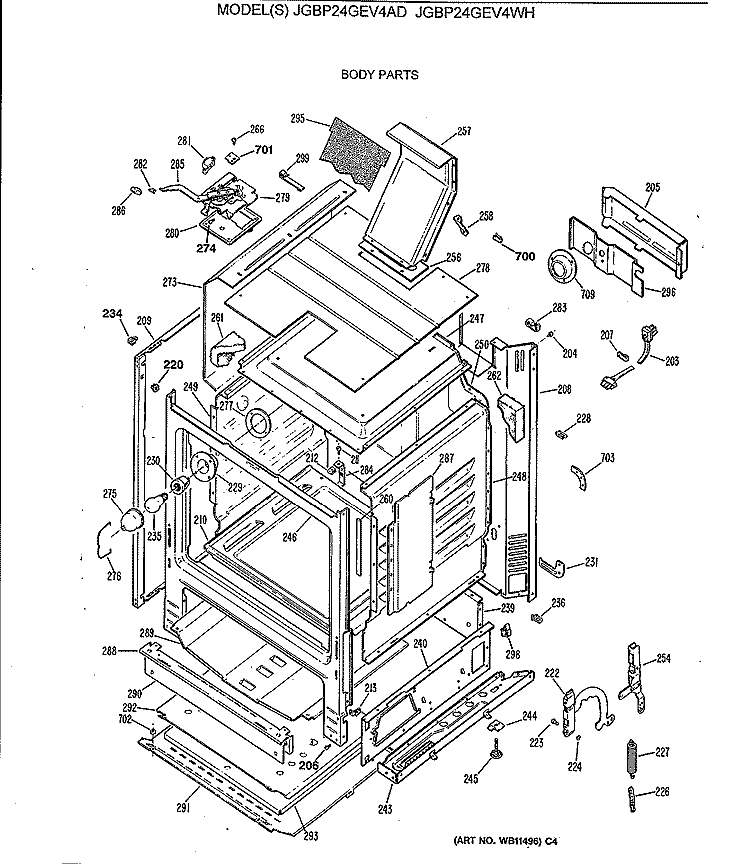 BODY PARTS Diagram and Parts List for JGBP24GEV4AD  General Electric Range