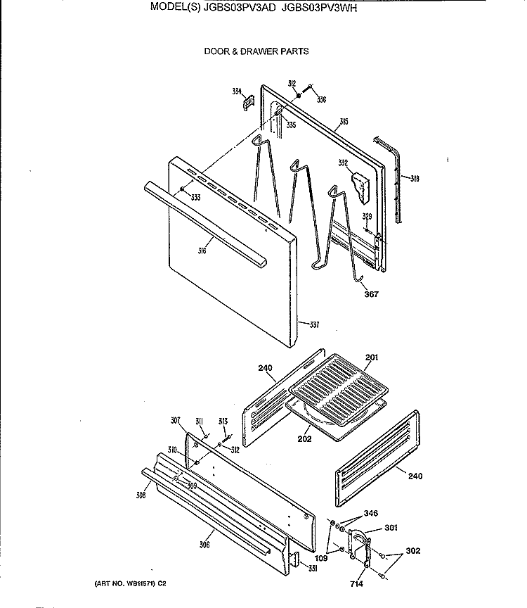 DOOR & DRAWER PARTS Diagram and Parts List for JGBS03PV3AD  General Electric Range