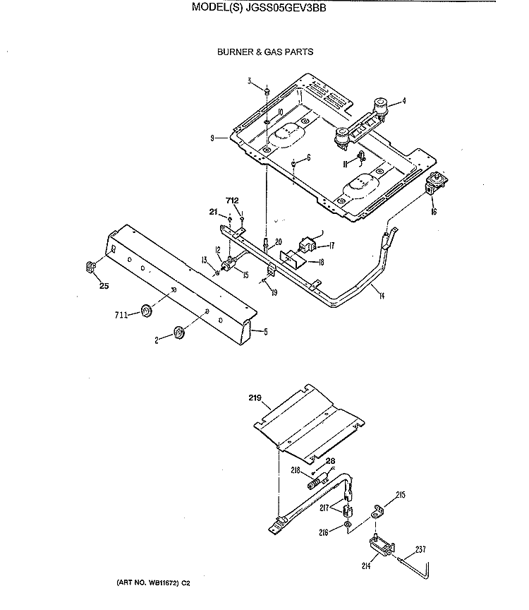 BURNER & GAS PARTS Diagram and Parts List for JGSS05GEV3BB  General Electric Range