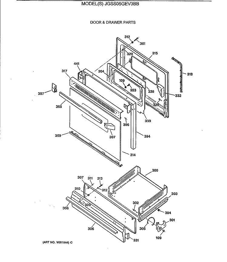 DOOR & DRAWER PARTS Diagram and Parts List for JGSS05GEV3BB  General Electric Range