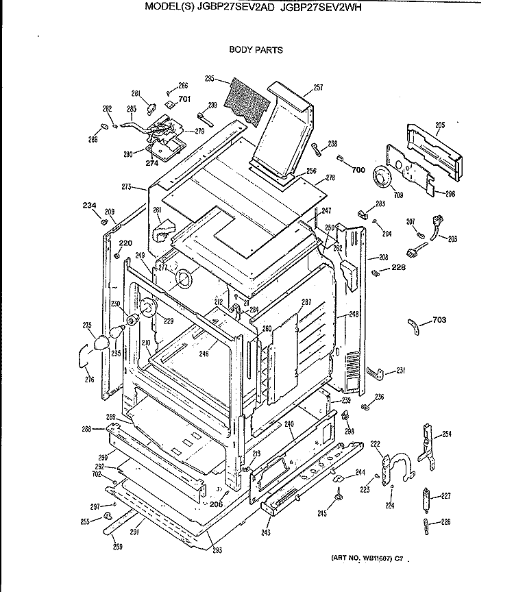 BODY PARTS Diagram and Parts List for JGBP27SEV2AD  General Electric Range