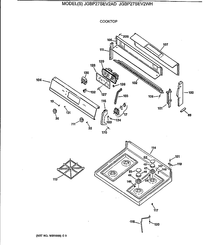 COOKTOP Diagram and Parts List for JGBP27SEV2AD  General Electric Range