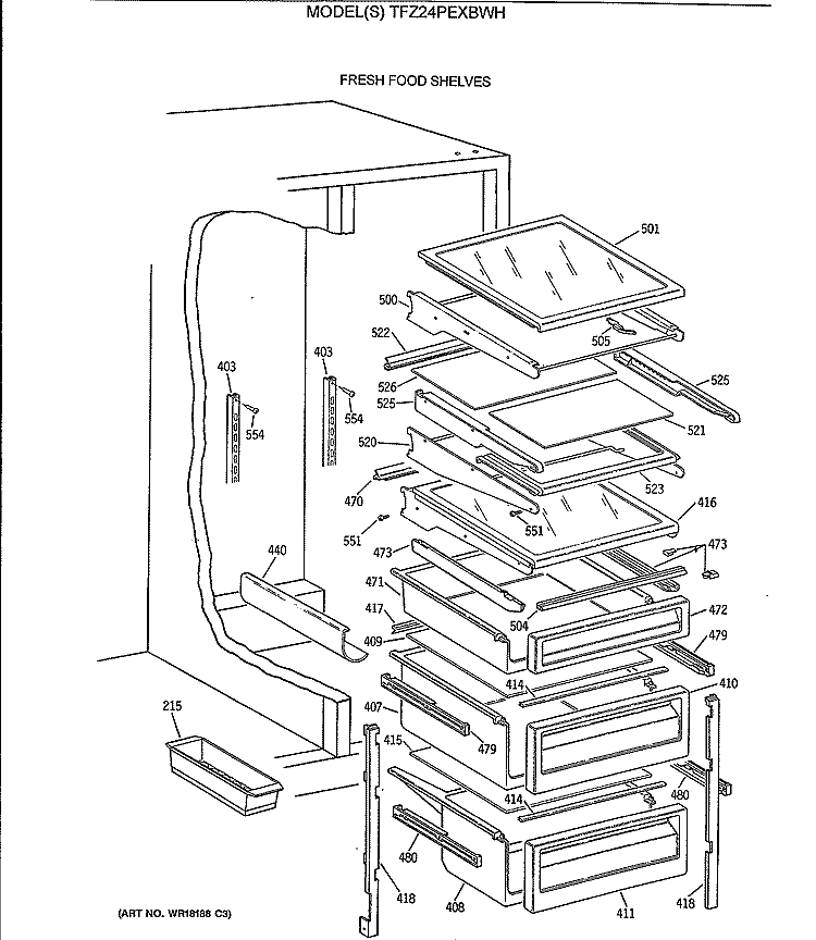 FRESH FOOD SHELVES Diagram and Parts List for TFZ24PEXBWH  General Electric Refrigerator